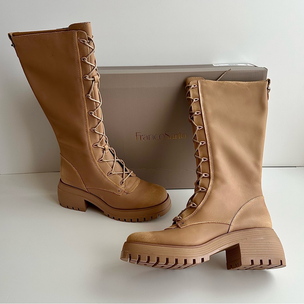 New Franco Sarto Jasper Leather Lace Up Heeled Lugged Boots Taupe 9m